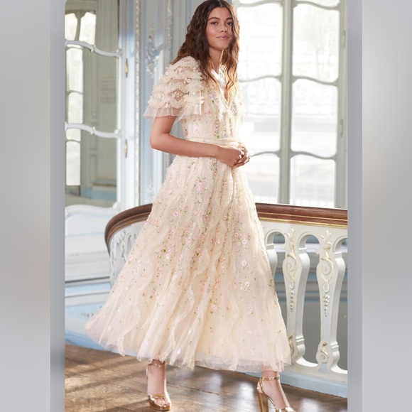 NEEDLE & THREAD Florentina Ankle Gown Dress Floral Lace Embroidered Ruffle - Picture 2 of 10